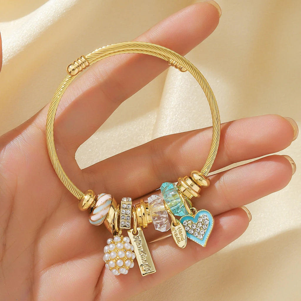 Elegant Gold Beaded Heart Charm Cuff Bracelet