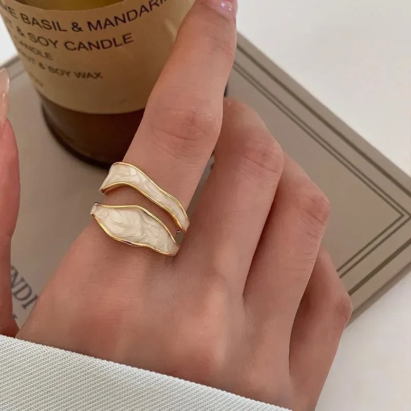 Vintage White Enamel Geometric Ring | Adjustable Fit