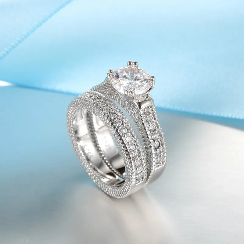 925 Sterling Silver CZ Matching Couple's Ring Set