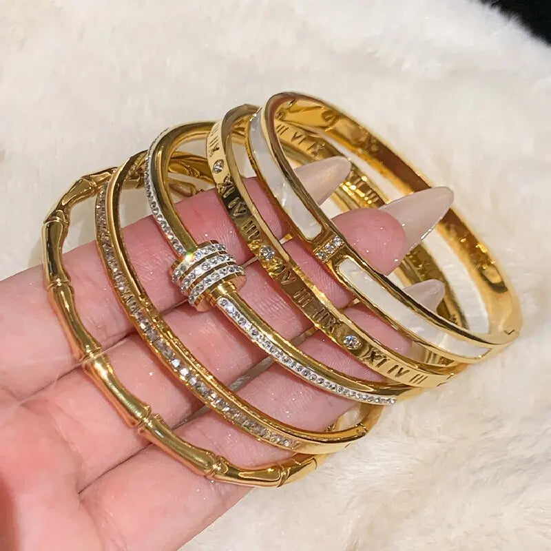 Classic Gold Titanium Zircon Bangle for Women