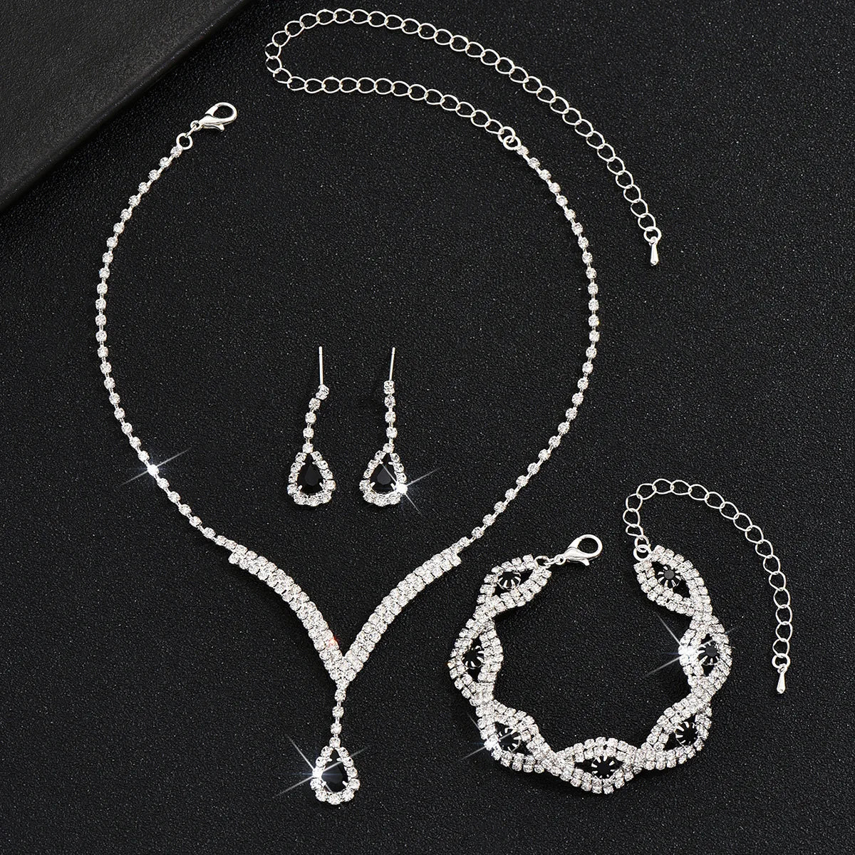 3-Piece Black Teardrop Rhinestone Bridal Jewelry Set