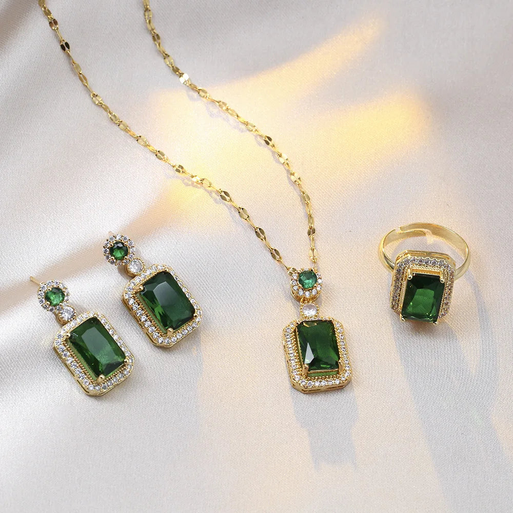 4-Piece Square Rhinestone Necklace, Earrings & Ring Set