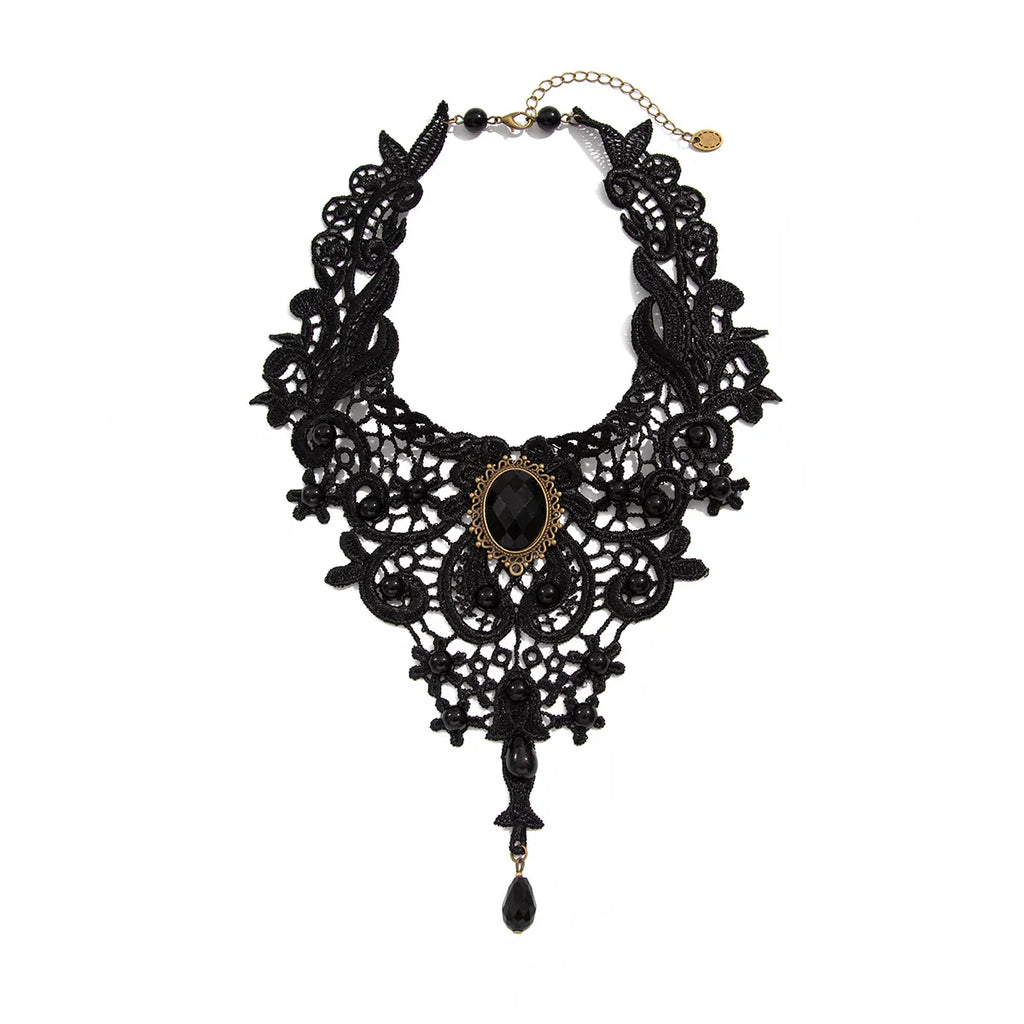 Vintage Black Lace Gothic Gem Choker Necklace