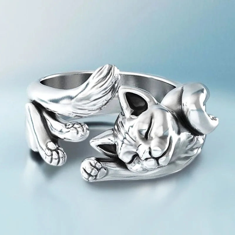 Vintage Silver Lucky Fortune Cat Adjustable Ring